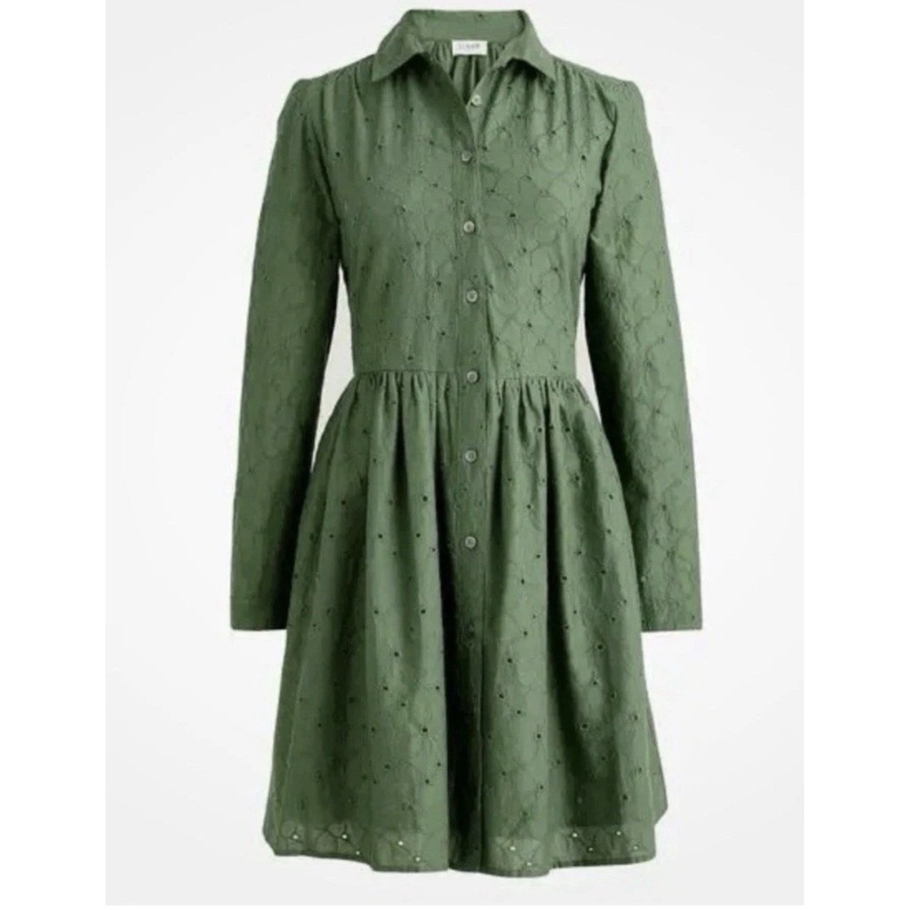 J.Crew Women 12 Green Cotton Eyelet Long Sleeve Button Front Shirt Dress Moss